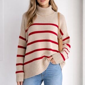 Old Navy Beige Turtleneck Sweater with Red Stripes (Size L)